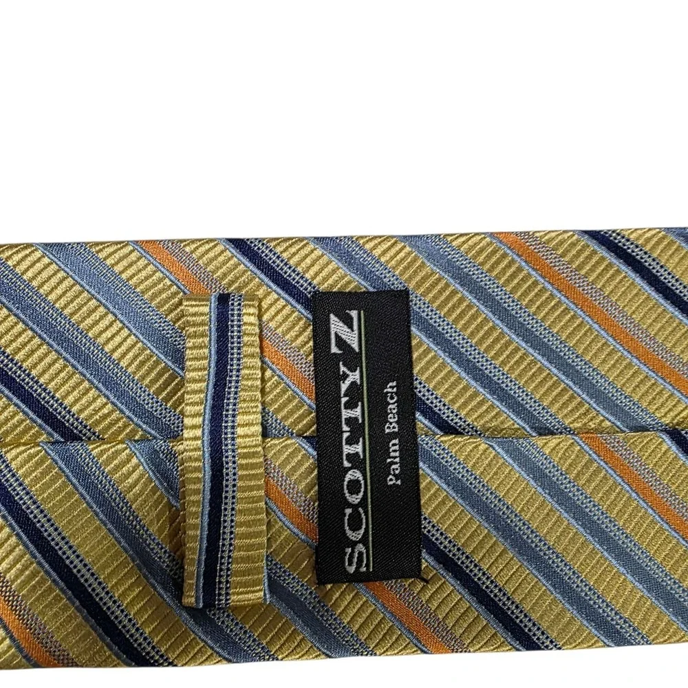 SCOTTY Z Palm Beach Silk Mens Yellow Blue Striped Necktie XL Hand Made Luxury‎